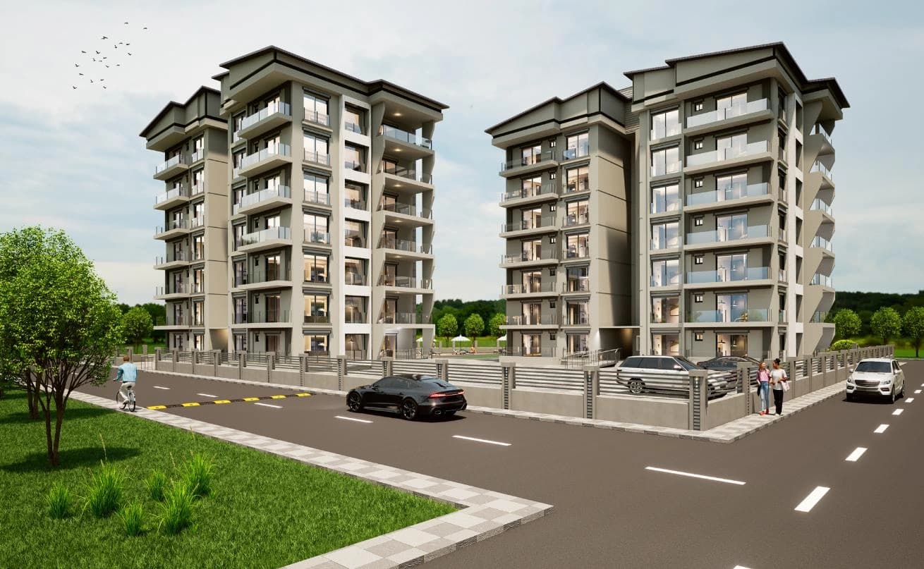 Arya Konutları köşe perspektifi, giriş ve balkon cepheleri renderı